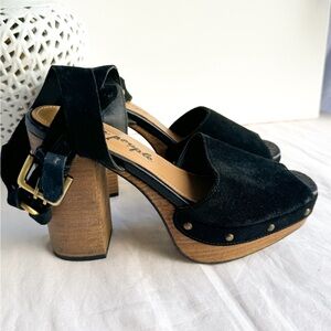 Free People Justine platform black suede and wood 70’s fashion boho style hippie